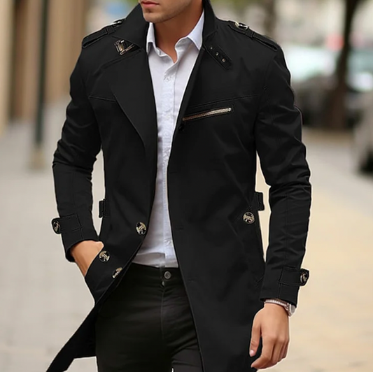 Men's Cream Double-Breasted Long Coat for Fall and Winter Black