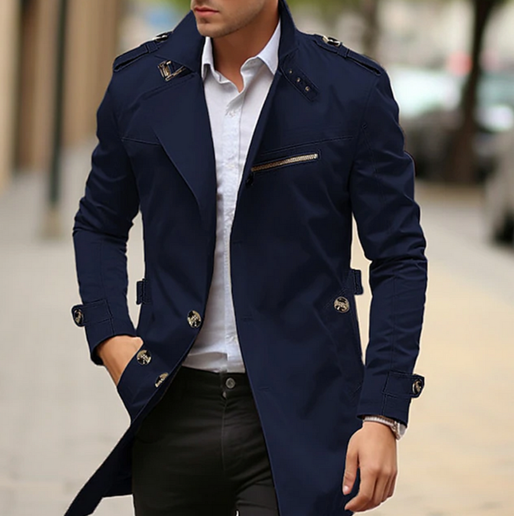 Men's Cream Double-Breasted Long Coat for Fall and Winter Blue