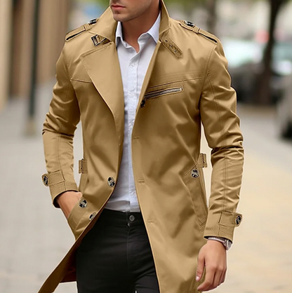 Men's Cream Double-Breasted Long Coat for Fall and Winter Khaki