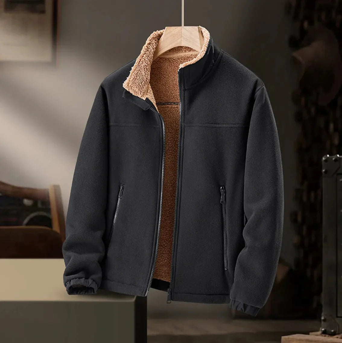 Men's Fleece Jacket with Cozy Sherpa Lining for Daily Use Black