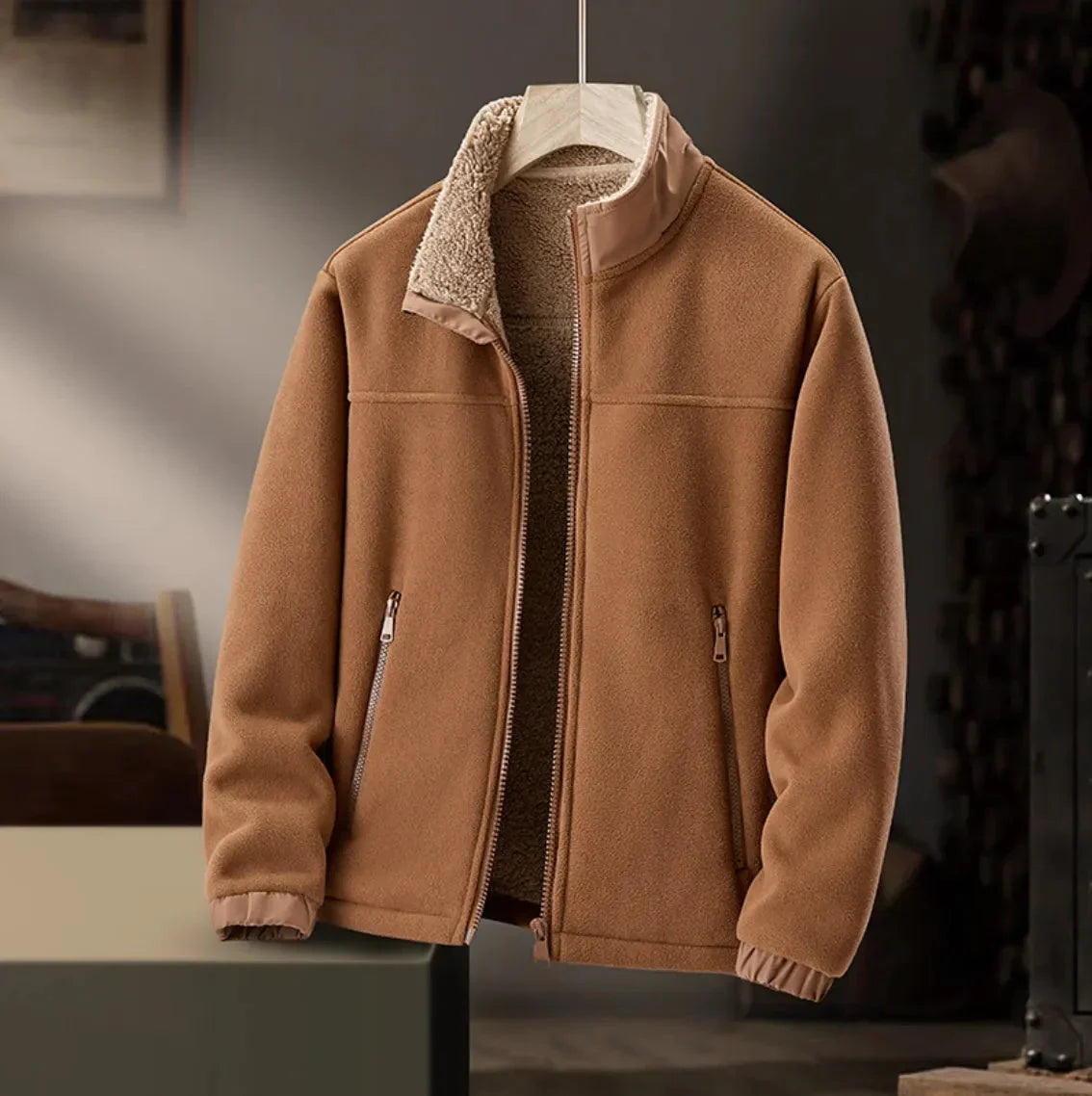 Men's Fleece Jacket with Cozy Sherpa Lining for Daily Use Brown
