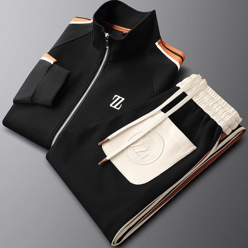Men's Flexible Sport Tracksuit Set for Fall and Winter Everyday Wear Deep Black