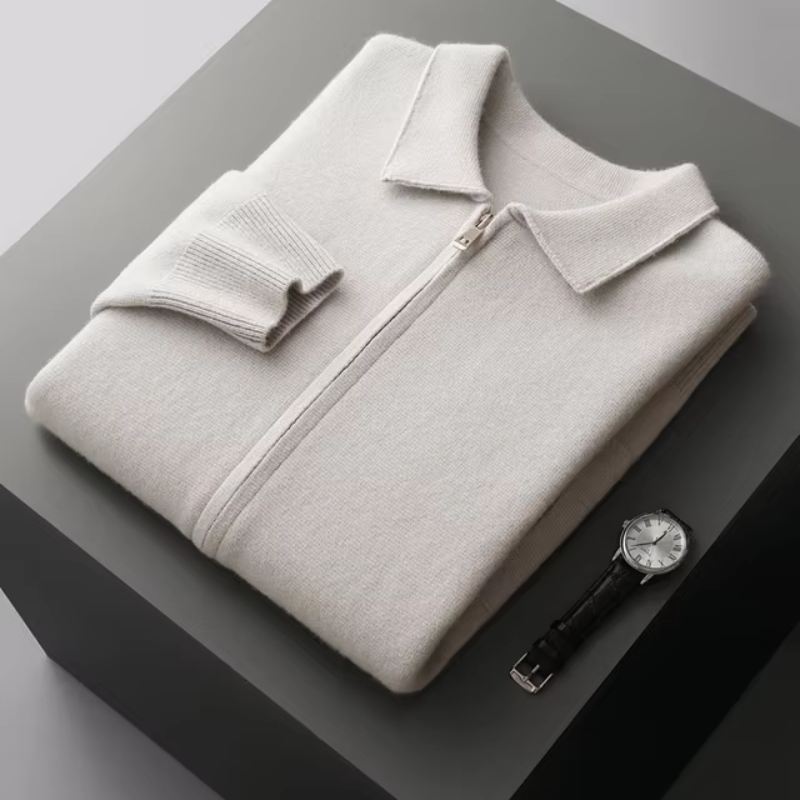 Men's Full Zip Collared Sweater Jacket for Daily Use Warm White