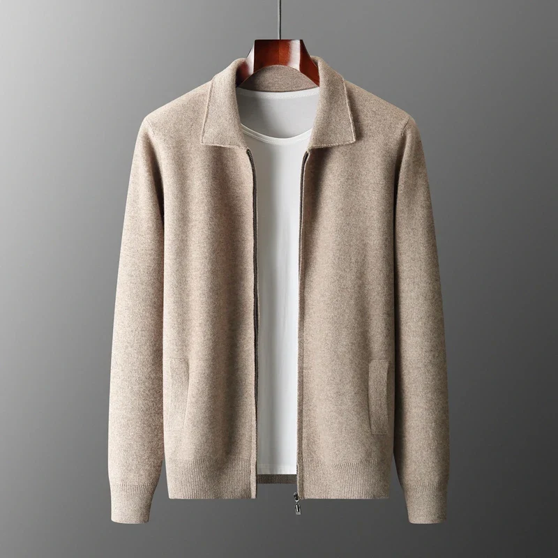 Men's Full Zip Collared Sweater Jacket for Daily Use Warm Beige
