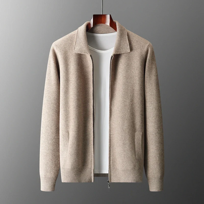 Men's Full Zip Collared Sweater Jacket for Daily Use Warm Beige