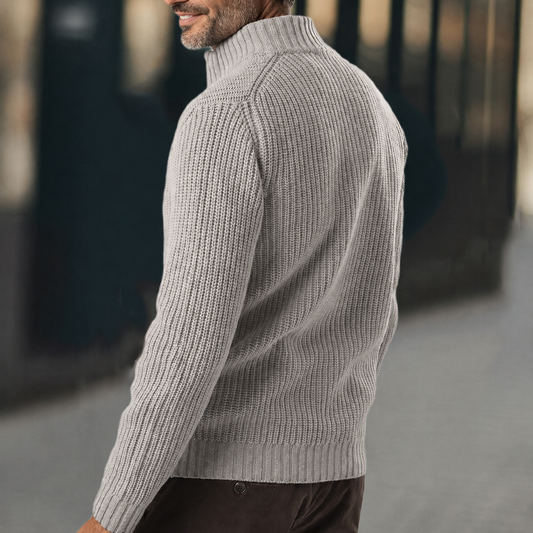 Men's Khaki Full-Zip Ribbed Sweater for Fall and Winter