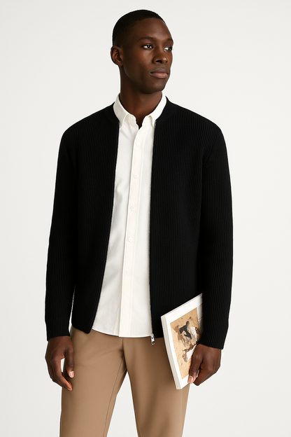 Men's Black Full-Zip Ribbed Sweater for Fall and Winter Black
