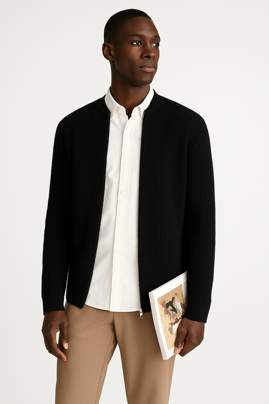 Men's Black Full-Zip Ribbed Sweater for Fall and Winter Black