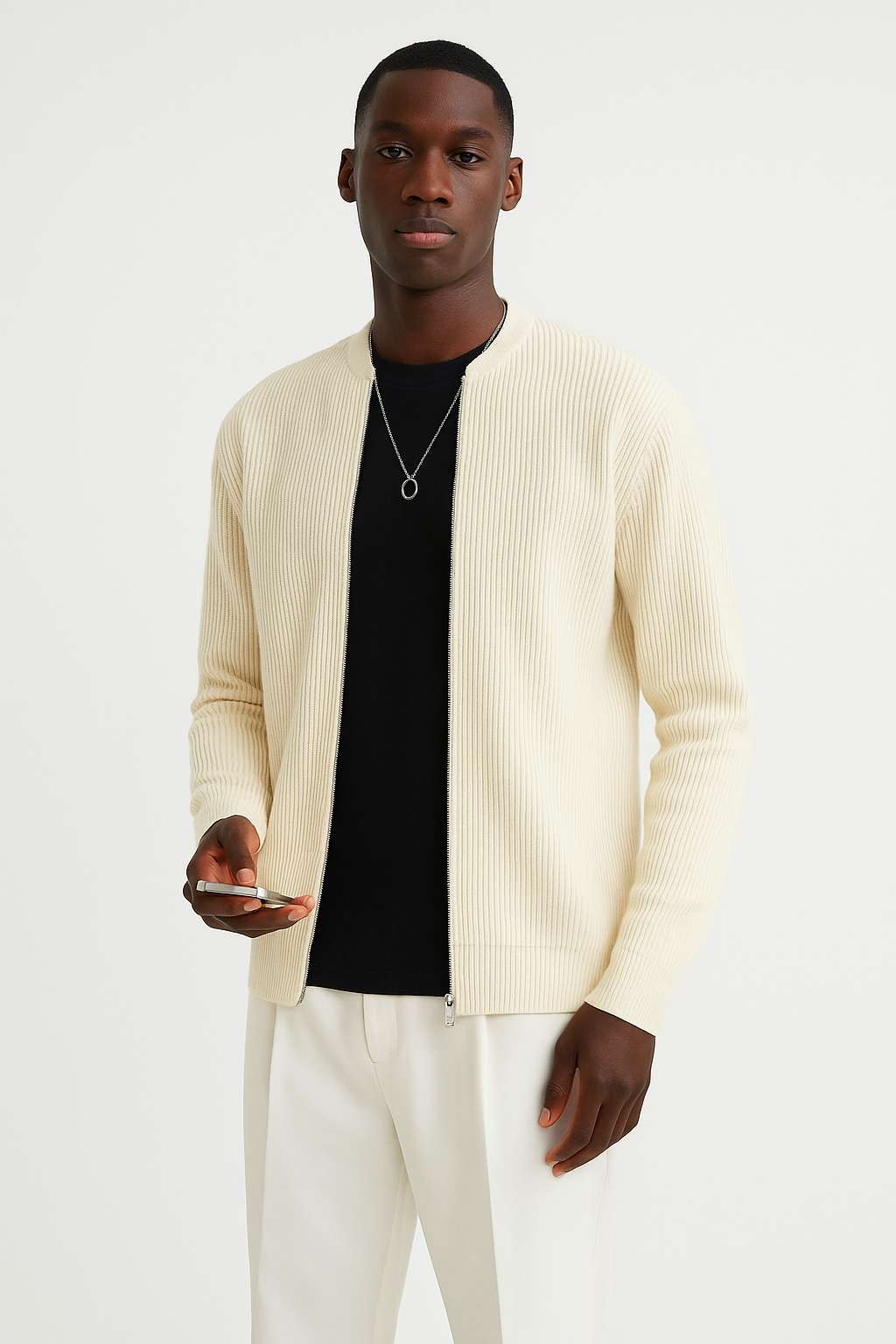 Men's Black Full-Zip Ribbed Sweater for Fall and Winter Beige