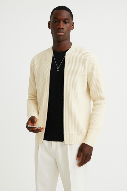 Men's Black Full-Zip Ribbed Sweater for Fall and Winter Beige