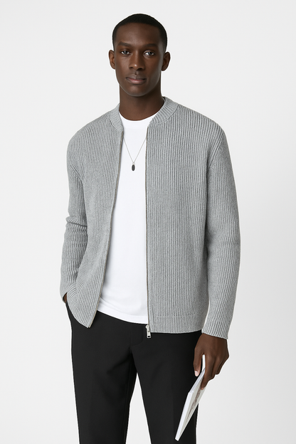 Men's Black Full-Zip Ribbed Sweater for Fall and Winter Gray