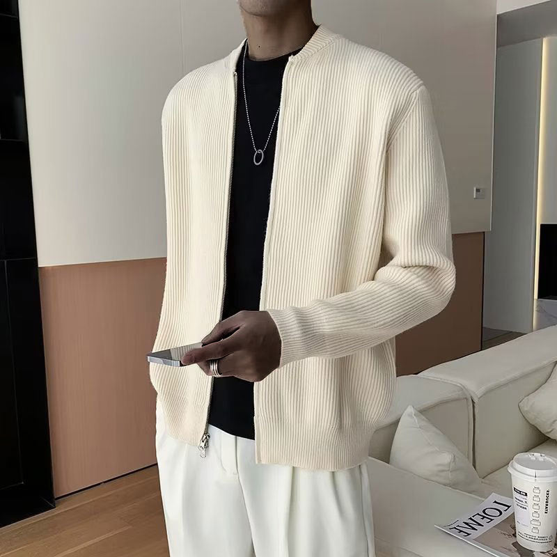 Men's Black Full-Zip Ribbed Sweater for Fall and Winter