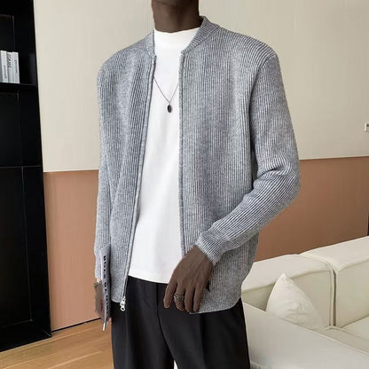 Men's Black Full-Zip Ribbed Sweater for Fall and Winter