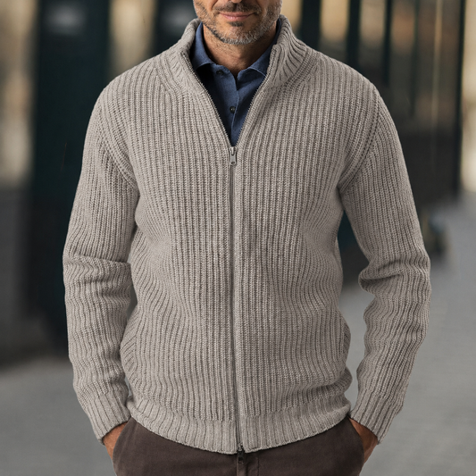 Men's Khaki Full-Zip Ribbed Sweater for Fall and Winter Khaki