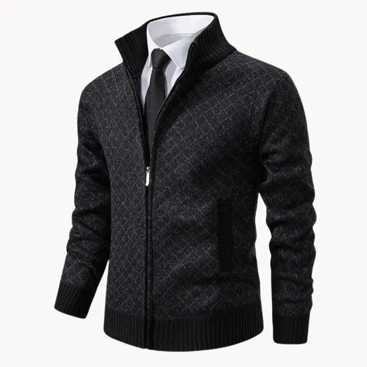 Men's Full-Zip Stand Collar Sweater Jacket for Daily Use Black
