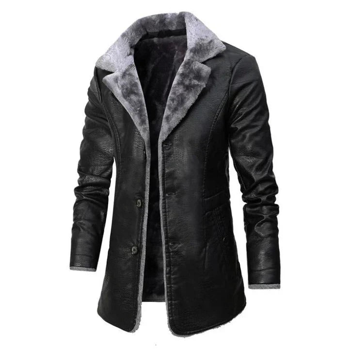 Men's Fur Collar Mid-Length Winter Coat for Daily Use Warm Black
