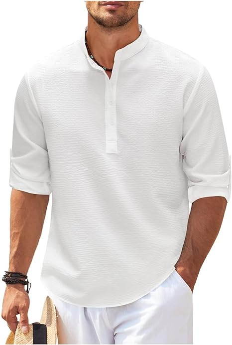 Men's Grandad Collar Casual Shirt for Fall and Winter Everyday Wear White