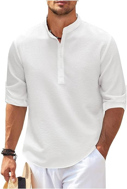 Men's Grandad Collar Casual Shirt for Fall and Winter Everyday Wear White