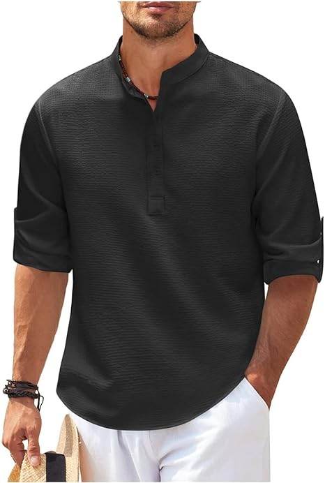 Men's Grandad Collar Casual Shirt for Fall and Winter Everyday Wear Black