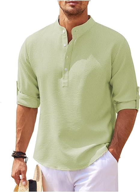 Men's Grandad Collar Casual Shirt for Fall and Winter Everyday Wear Light Green