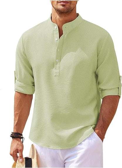 Men's Grandad Collar Casual Shirt for Fall and Winter Everyday Wear Light Green