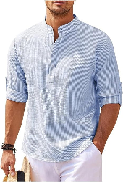 Men's Grandad Collar Casual Shirt for Fall and Winter Everyday Wear Blue