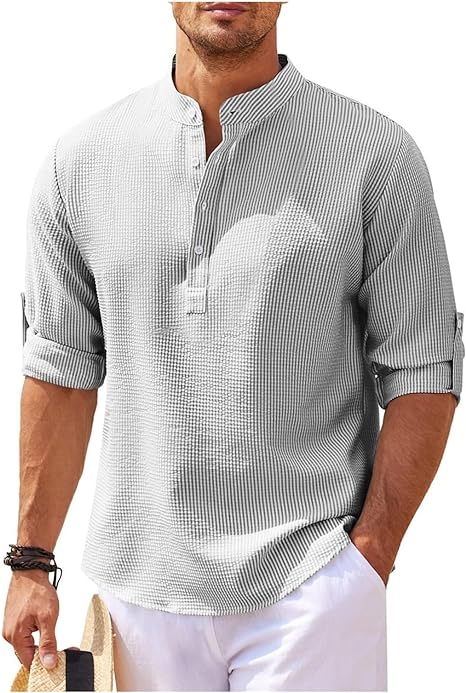 Men's Grandad Collar Casual Shirt for Fall and Winter Everyday Wear Light Gray