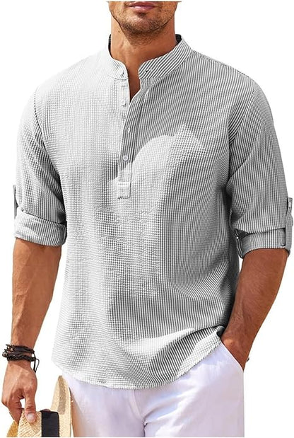 Men's Grandad Collar Casual Shirt for Fall and Winter Everyday Wear Light Gray