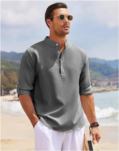 Men's Grandad Collar Casual Shirt for Fall and Winter Everyday Wear Gray