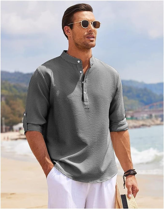 Men's Grandad Collar Casual Shirt for Fall and Winter Everyday Wear Gray