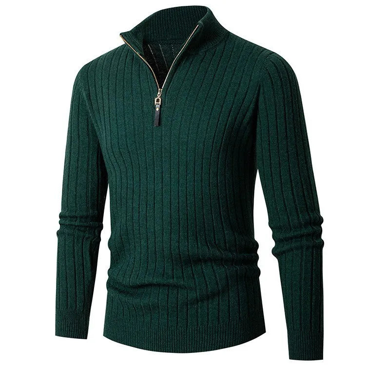 Men's Half-Zip Ribbed Sweater for Fall and Winter Everyday Wear Green