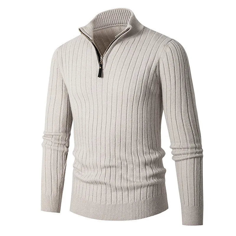 Men's Half-Zip Ribbed Sweater for Fall and Winter Everyday Wear Light Gray