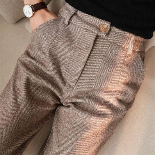 Men's Herringbone Pattern Dress Pants for Daily Use Warm Brown