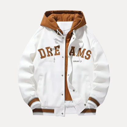 Men's Hooded Baseball Style Varsity Jacket for Daily Use White