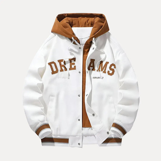 Men's Hooded Baseball Style Varsity Jacket for Daily Use White