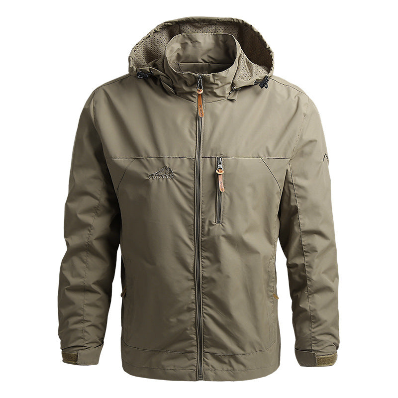 Men's Green Hooded Full Zip Jacket for Fall and Winter Everyday Wear Khaki