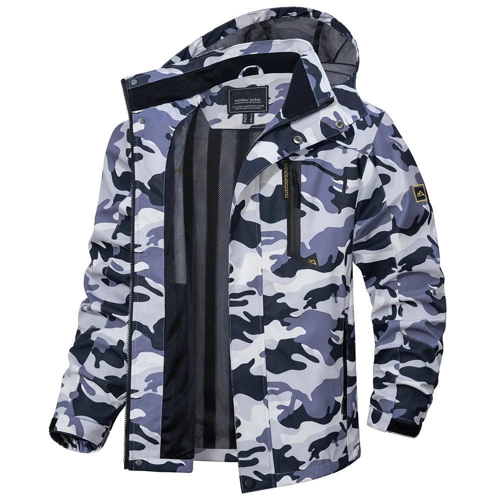 Men's Multi-Color Denim Hooded Outdoor Jacket for Everyday Wear Gray Camo
