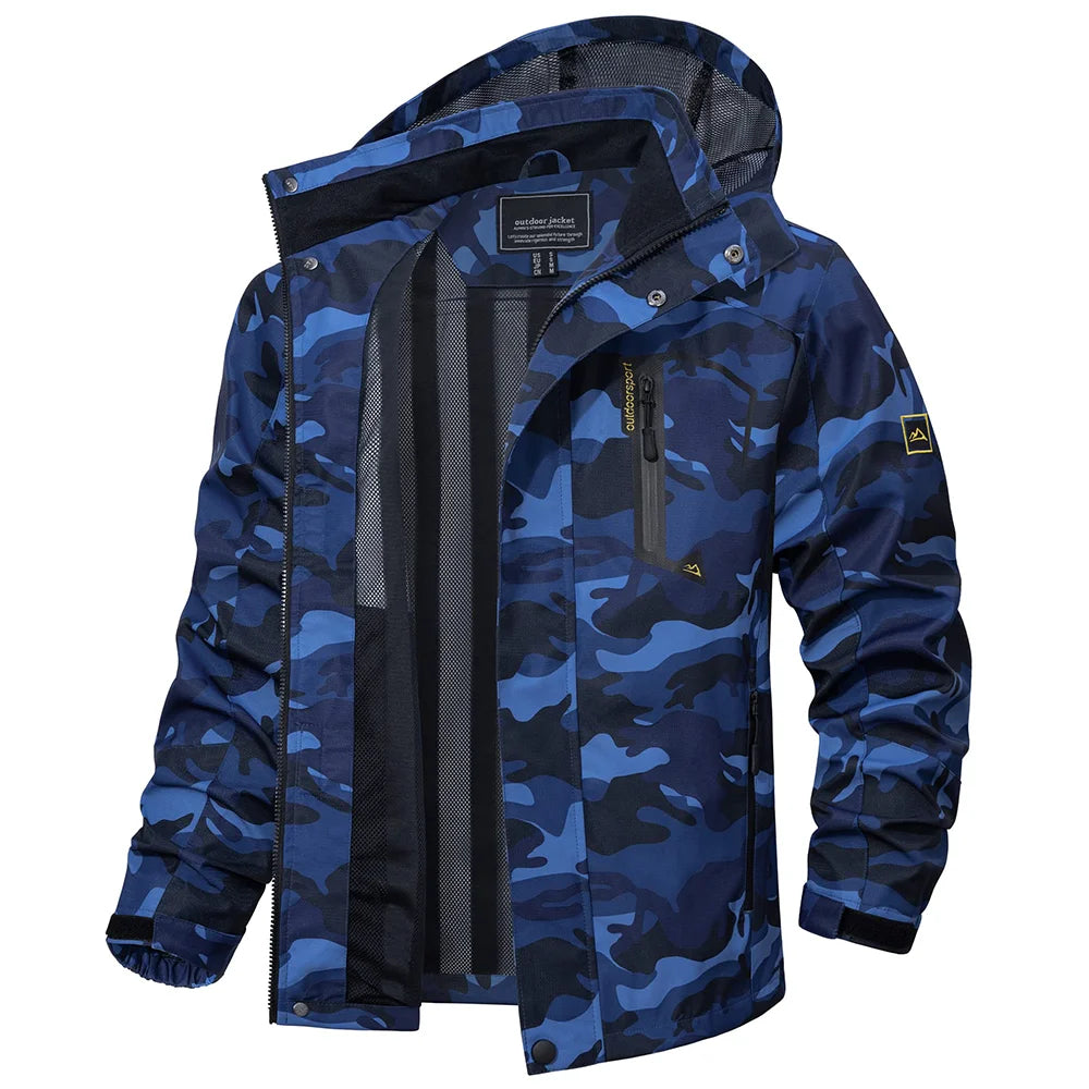 Men's Multi-Color Denim Hooded Outdoor Jacket for Everyday Wear Blue Camo