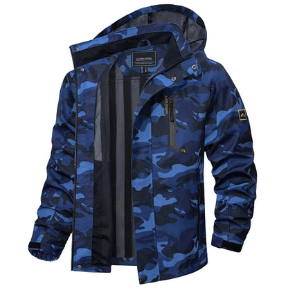 Men's Multi-Color Denim Hooded Outdoor Jacket for Everyday Wear Blue Camo