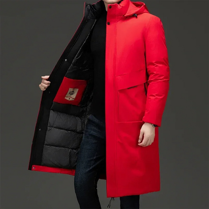 Men's Hooded Padded Long Coat for Warmth and Style for Daily Use Red