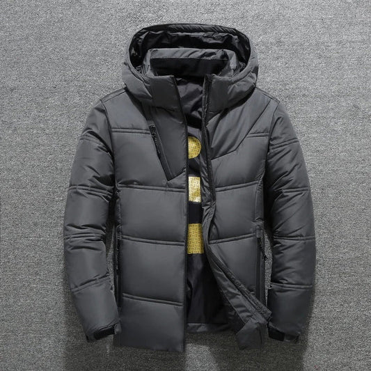 Men's Gray Hooded Puffer Jacket for Fall and Winter Everyday Wear Gray