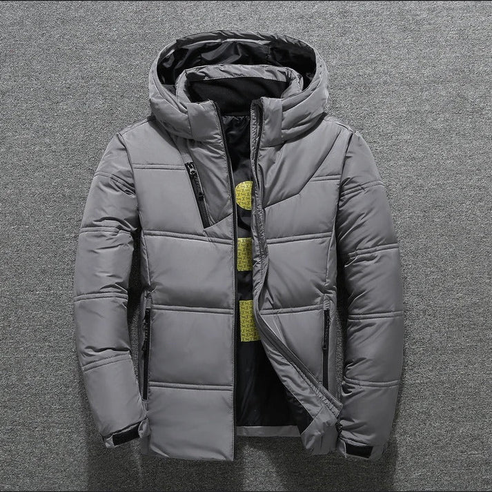 Men's Gray Hooded Puffer Jacket for Fall and Winter Everyday Wear Dark Gray