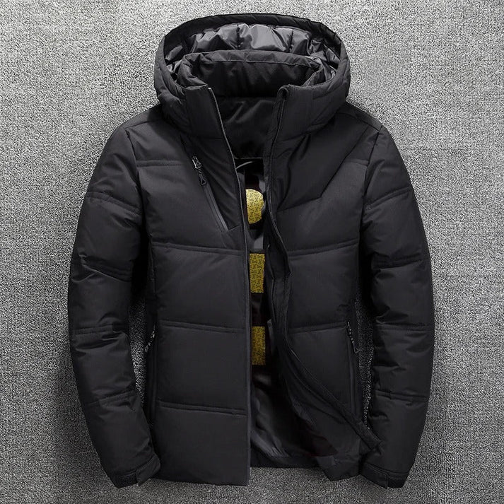 Men's Gray Hooded Puffer Jacket for Fall and Winter Everyday Wear Black