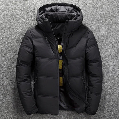 Men's Gray Hooded Puffer Jacket for Fall and Winter Everyday Wear Black