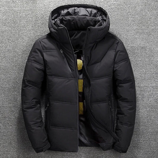 Men's Gray Hooded Puffer Jacket for Fall and Winter Everyday Wear Black