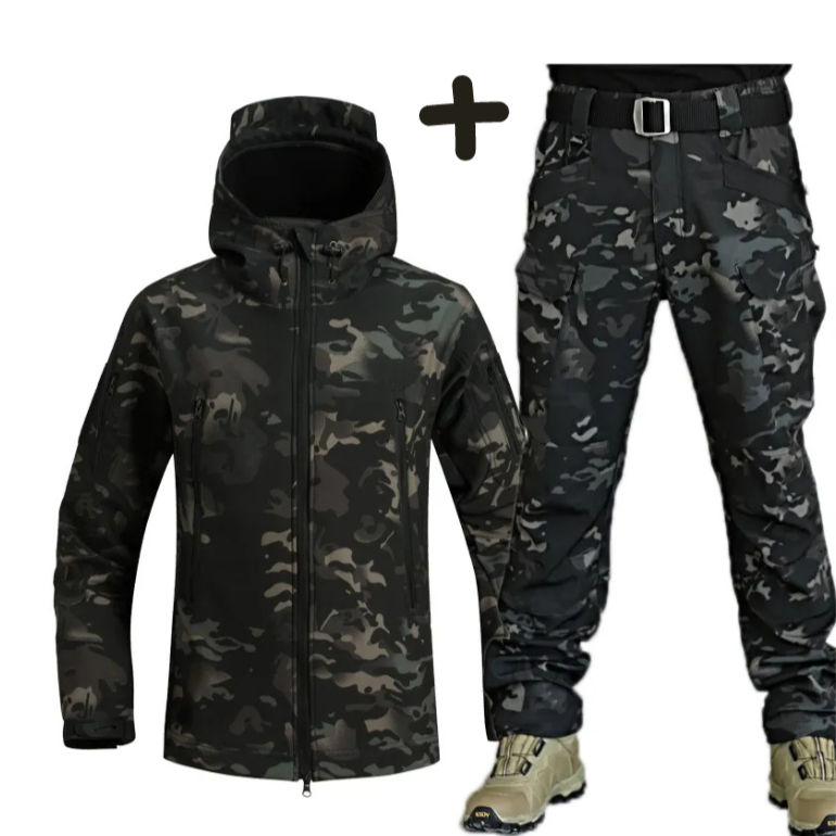 Men's Hooded Tactical Outfit for Fall and Winter Everyday Wear Black Camouflage