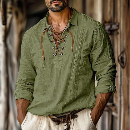 Men's Lace-Up Long Sleeve Shirt for Fall and Winter Everyday Wear Green