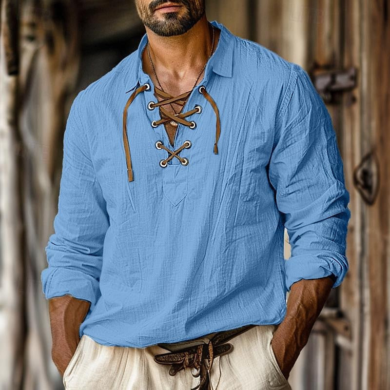 Men's Lace-Up Long Sleeve Shirt for Fall and Winter Everyday Wear Light Blue