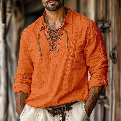 Men's Lace-Up Long Sleeve Shirt for Fall and Winter Everyday Wear Orange