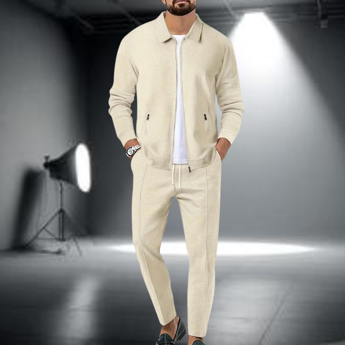 Men's Lightweight Sports Set – Trendy Zip-Up Jacket and Joggers Khaki
